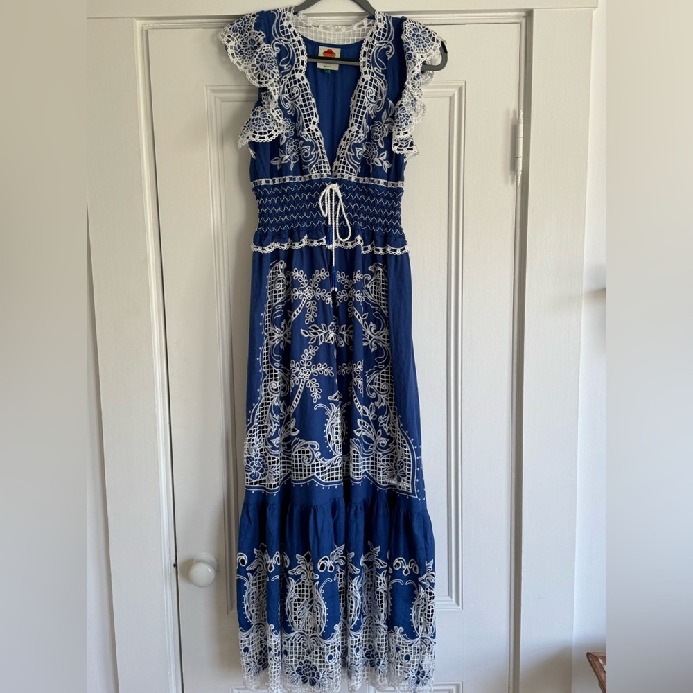 BEAUTIFUL Blue and White Embroidered Maxi Dress